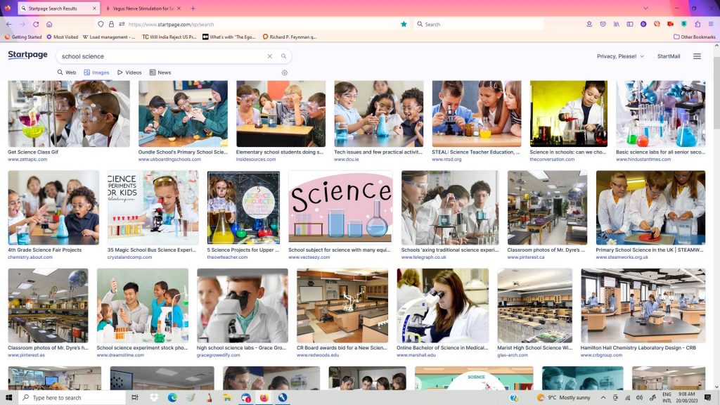 Here is a screen shot of a  Web search 20 August 2023  asking for images of "school science " The search generated  hundreds of similar  images of glass test-tubes, microscope, white coats  and sterile classrooms. Few images, if any, remind us that science is a profound moral way of being, informing all the decisions of our daily lives.